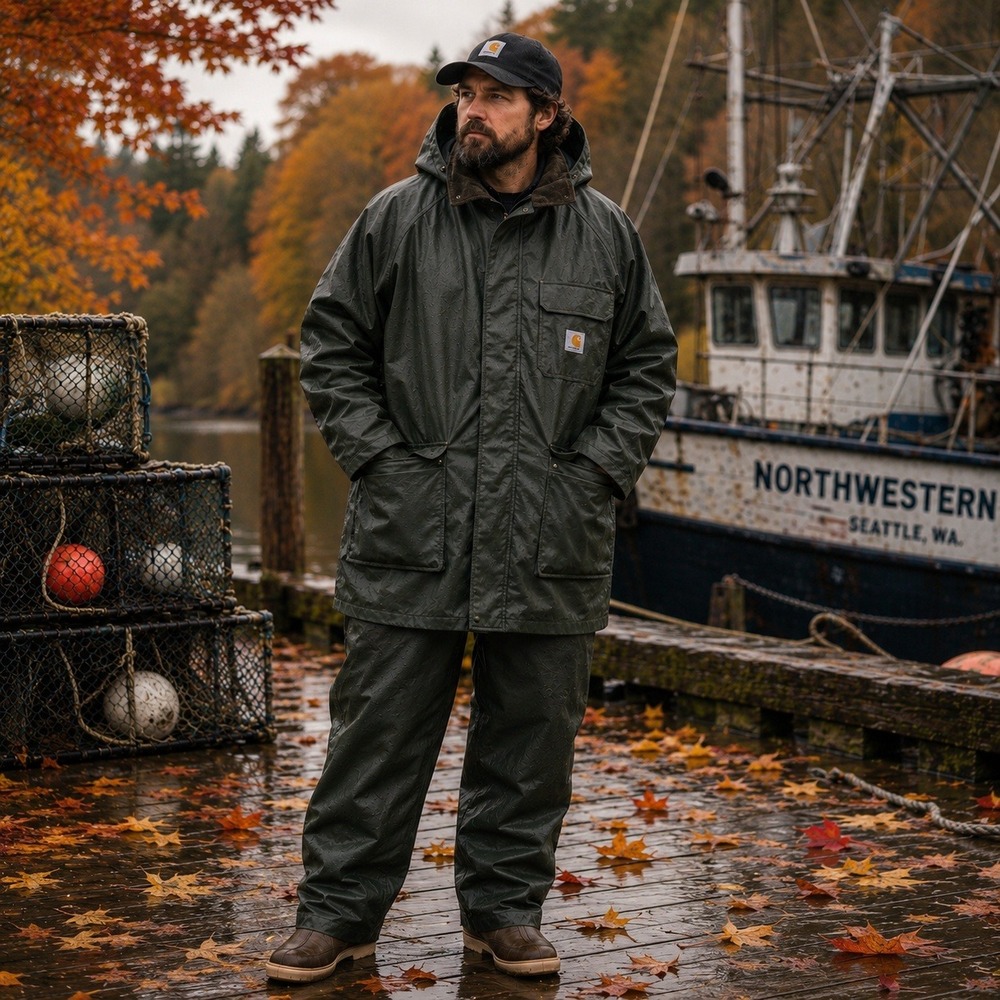 Carhartt Surrey Rain Coat Hooded Waterproof Fishing Workwear Jacket Green M